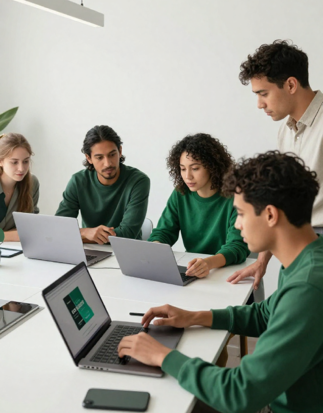A collaborative team of designers and developers working on laptops in a bright workspace, wearing green outfits matching Pacific Design Agency’s color style.