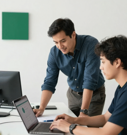 Manager discussing a design project with a team member in a modern workspace, reviewing work on a laptop.